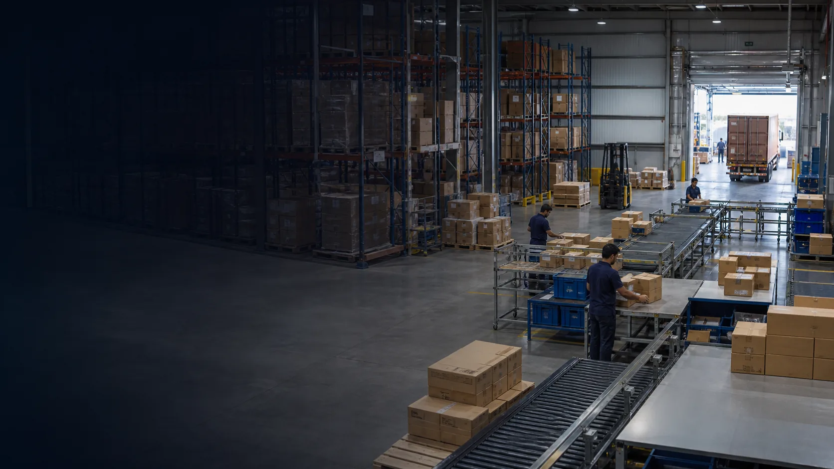 Fulfillment center with cartons, conveyors, warehouse workers, dispatch lanes, and outbound truck movement